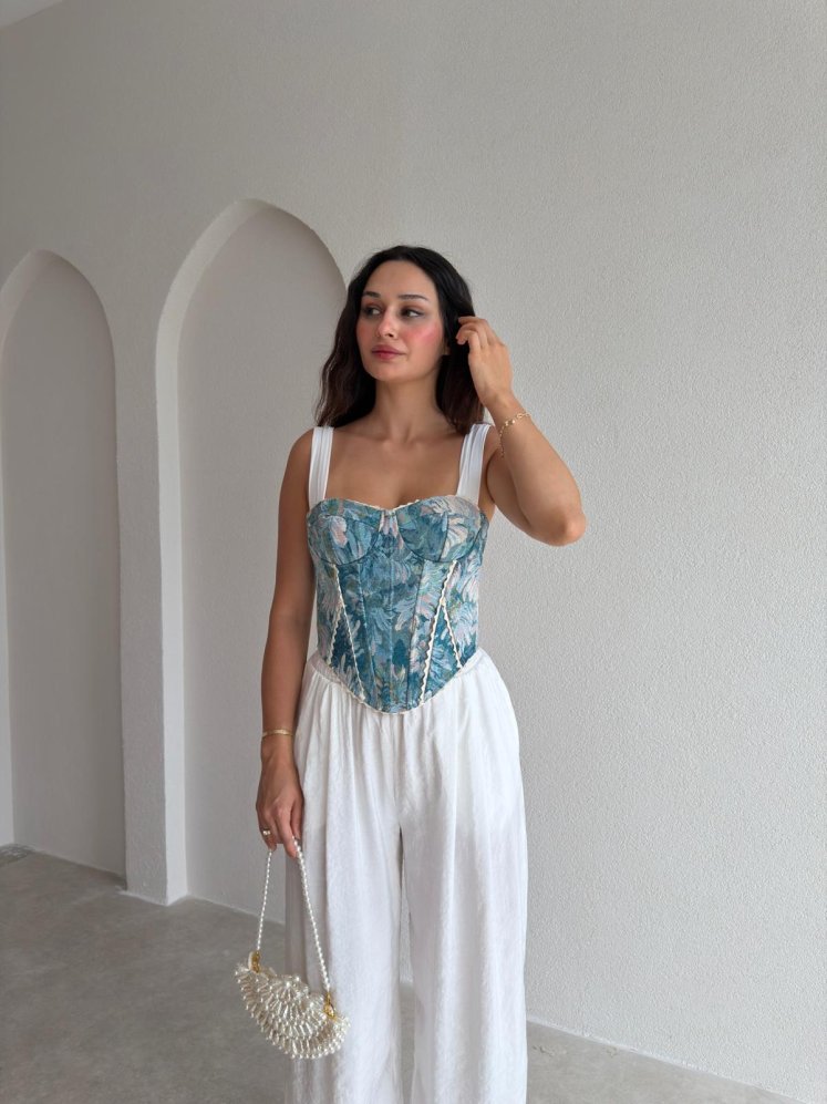 GWEN Desenli Korse Bluz - 3728 - Mavi - Mooi Butik