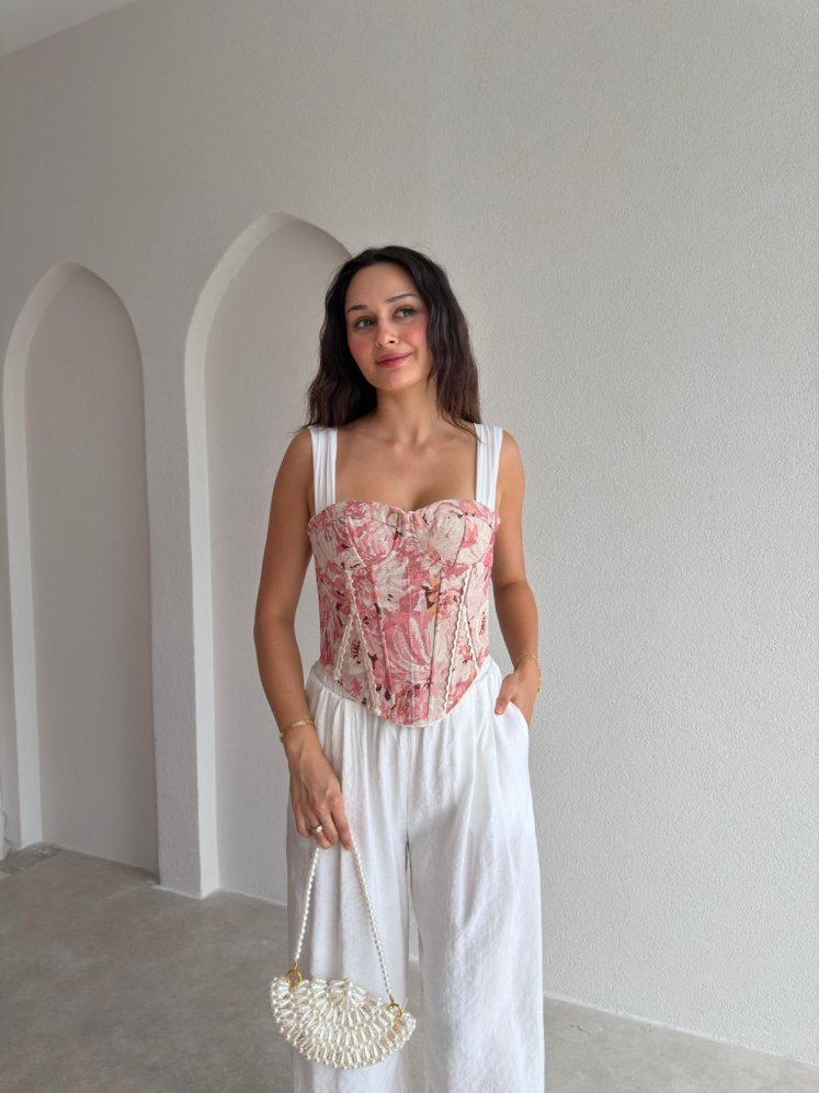GWEN Desenli Korse Bluz - 3728 - Pudra - Mooi Butik