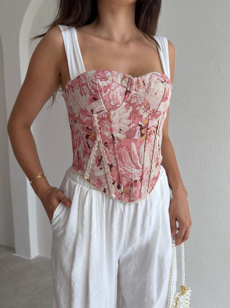 GWEN Desenli Korse Bluz - 3728 - Pudra - Mooi Butik (1)