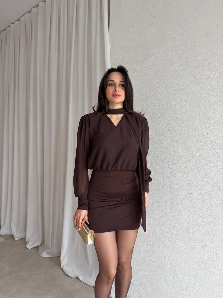  HADES Mini Elbise 8856 - Acı Kahve - Mooi Butik