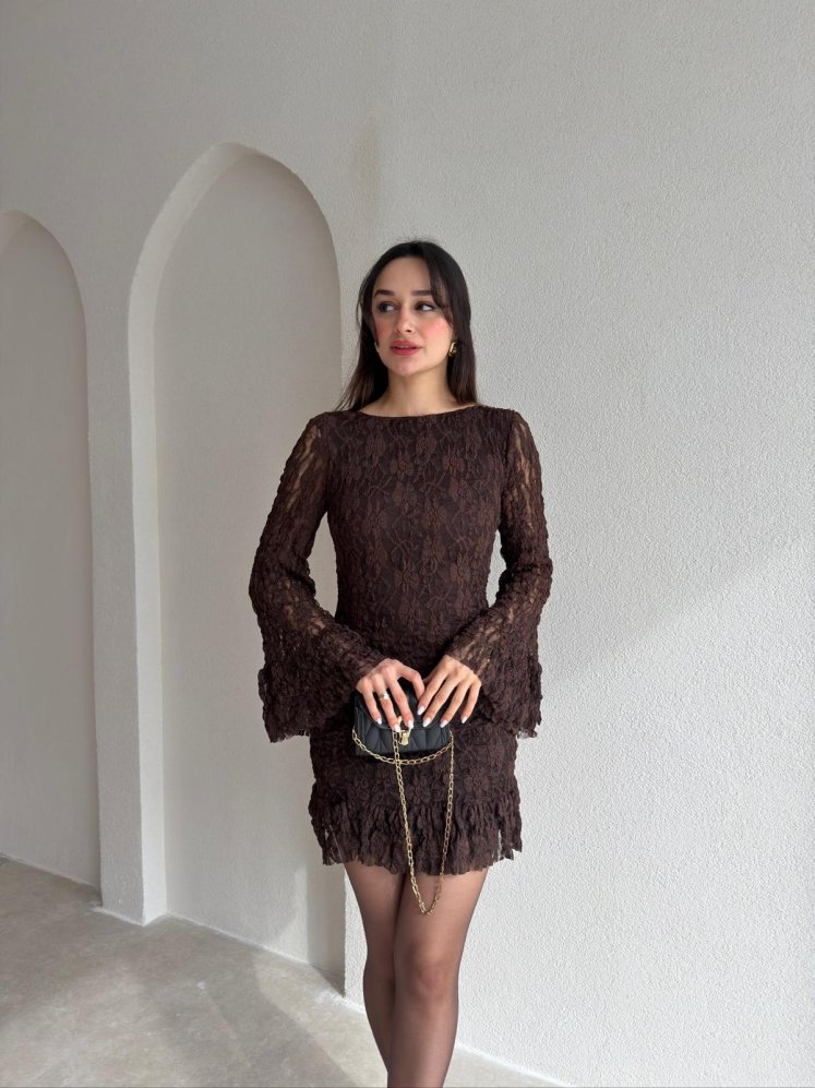 HARBOR Mini Sırt Dekolteli Elbise 8813 - Acı Kahve - Mooi Butik