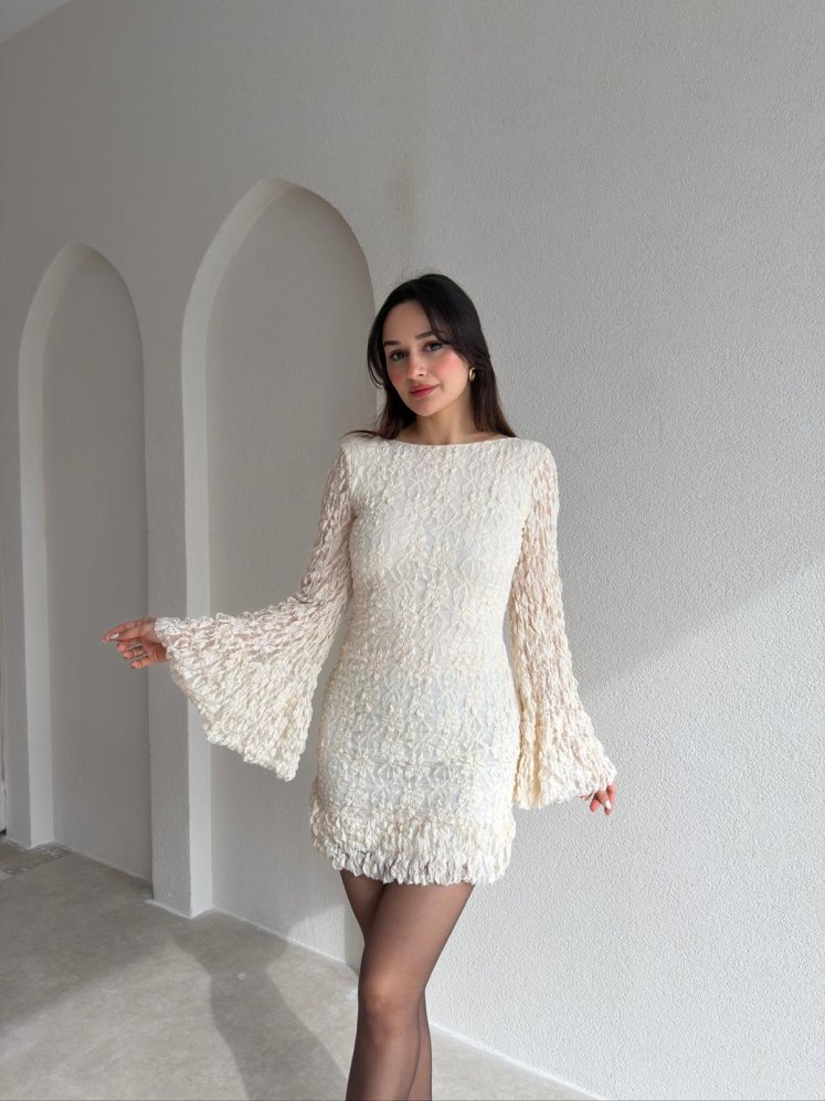 HARBOR Mini Sırt Dekolteli Elbise 8813 - Ekru - Mooi Butik