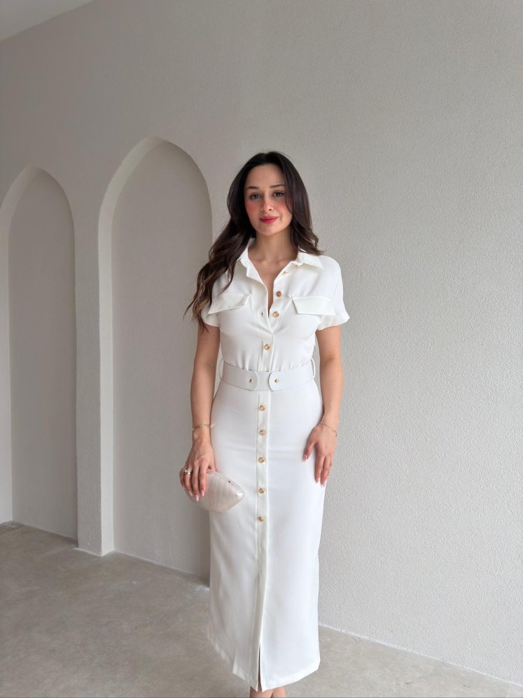 HAYİS Düğme Detaylı Midi Elbise 4633 - Beyaz - Mooi Butik