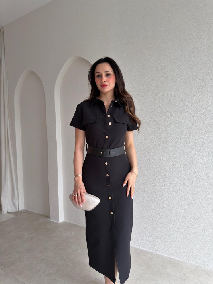 HAYİS Düğme Detaylı Midi Elbise 4633 - Siyah - Mooi Butik