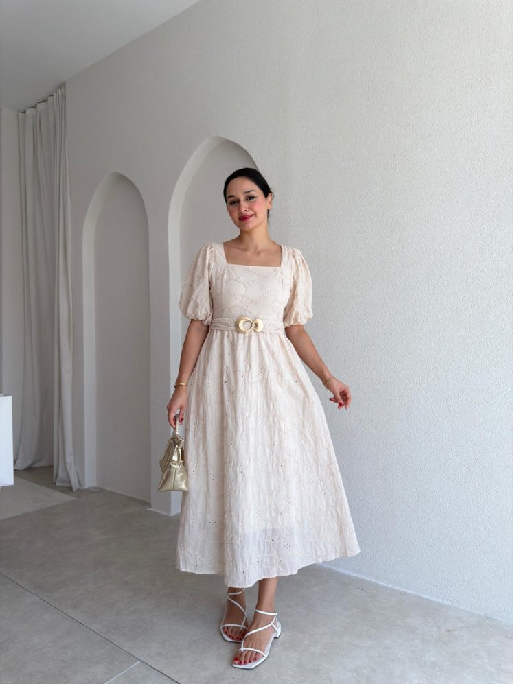 HENNEY Midi Elbise 3756 - Krem Rengi - Mooi Butik