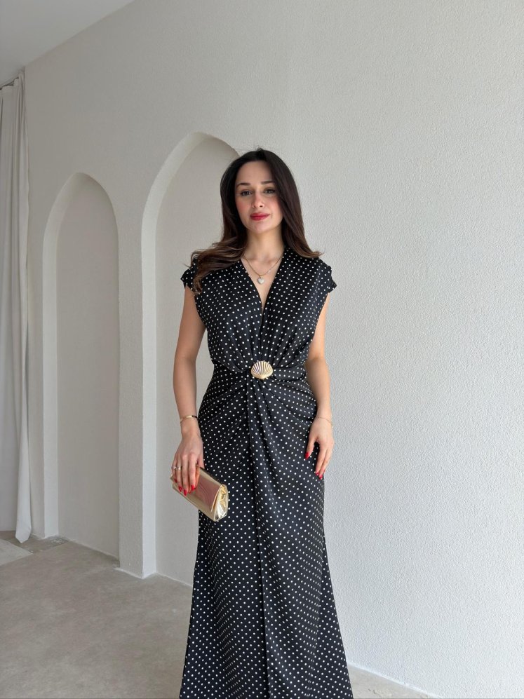 HENSEL Puantiyeli Maxi Elbise 4819 - Siyah - Mooi Butik