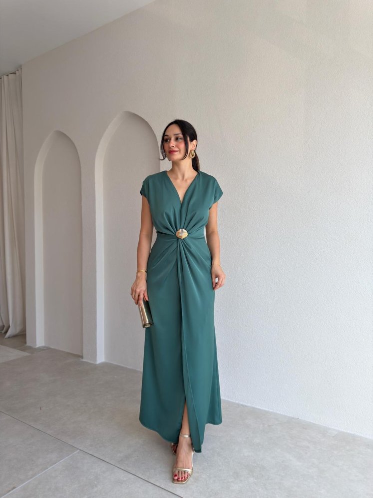  HERMANO Broş Detaylı Maxi Elbise 4004 - Mint - Mooi Butik