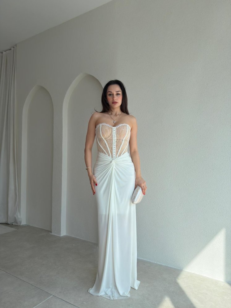 HEROS Korse Detaylı Maxi Elbise 5453 - Beyaz - Mooi Butik