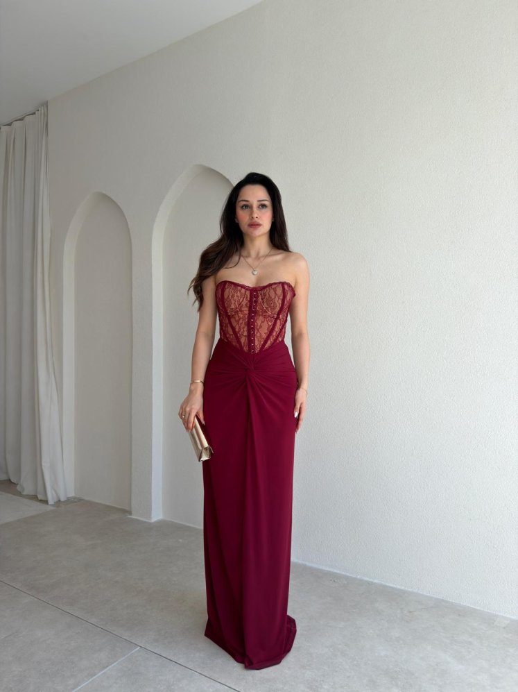 HEROS Korse Detaylı Maxi Elbise 5453 - Bordo - Mooi Butik