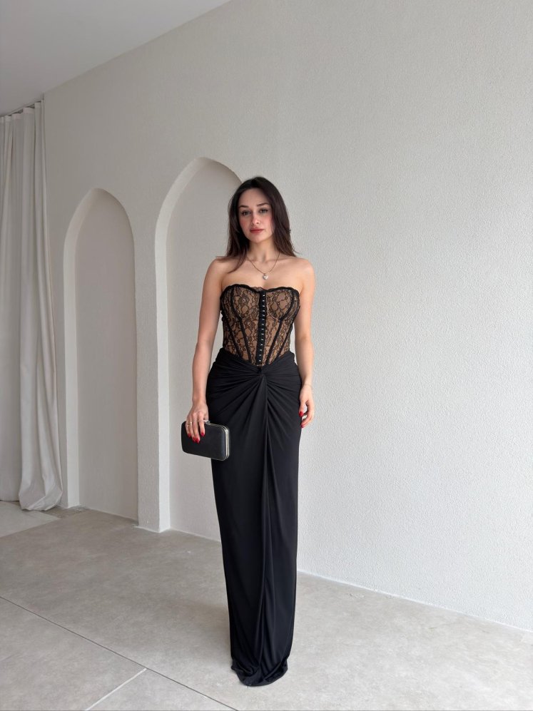 HEROS Korse Detaylı Maxi Elbise 5453 - Siyah - Mooi Butik