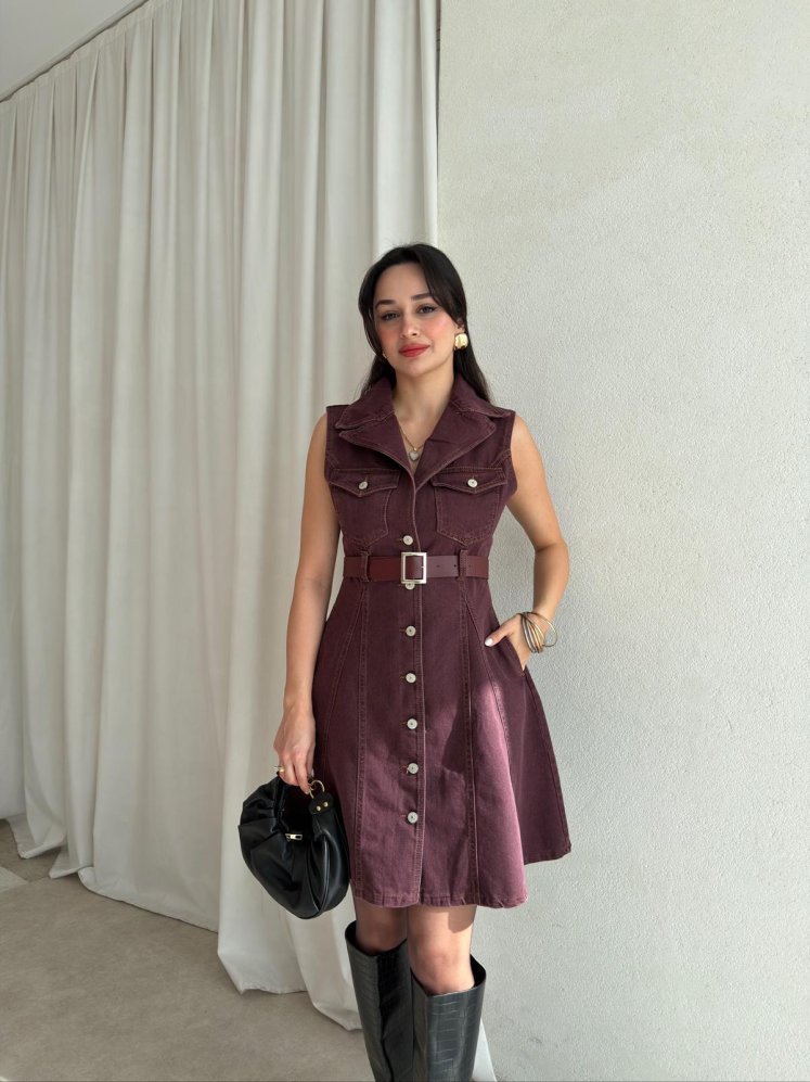 HOBBİT Kemerli Denim Elbise 8841 - Bordo - Mooi Butik