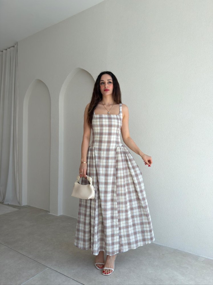 HUNTER Ekoseli Maxi Elbise 5469 - Krem - Mooi Butik