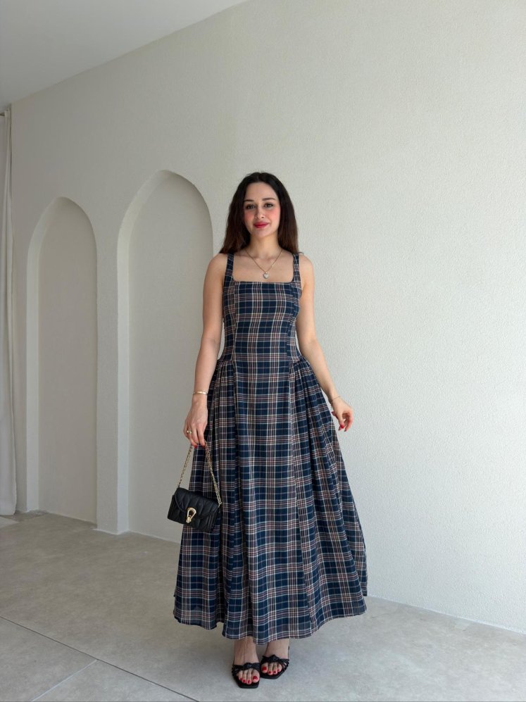 HUNTER Ekoseli Maxi Elbise 5469 - Lacivert - Mooi Butik