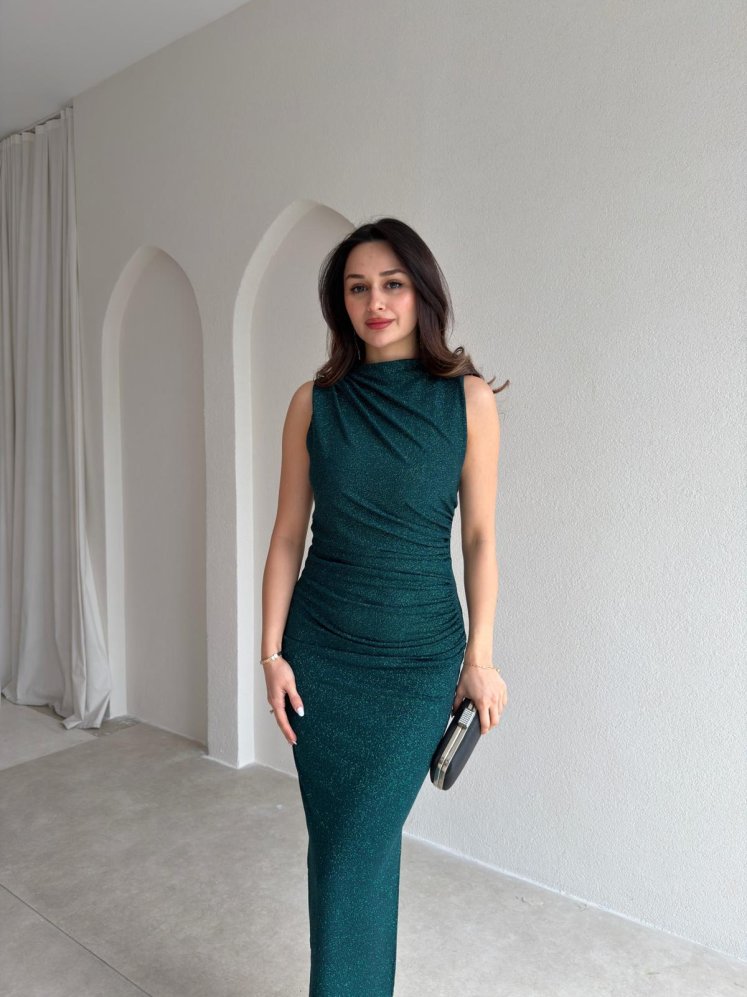 HUXLEY Simli Midi Elbise 5933 - Zümrüt Yeşili - Mooi Butik