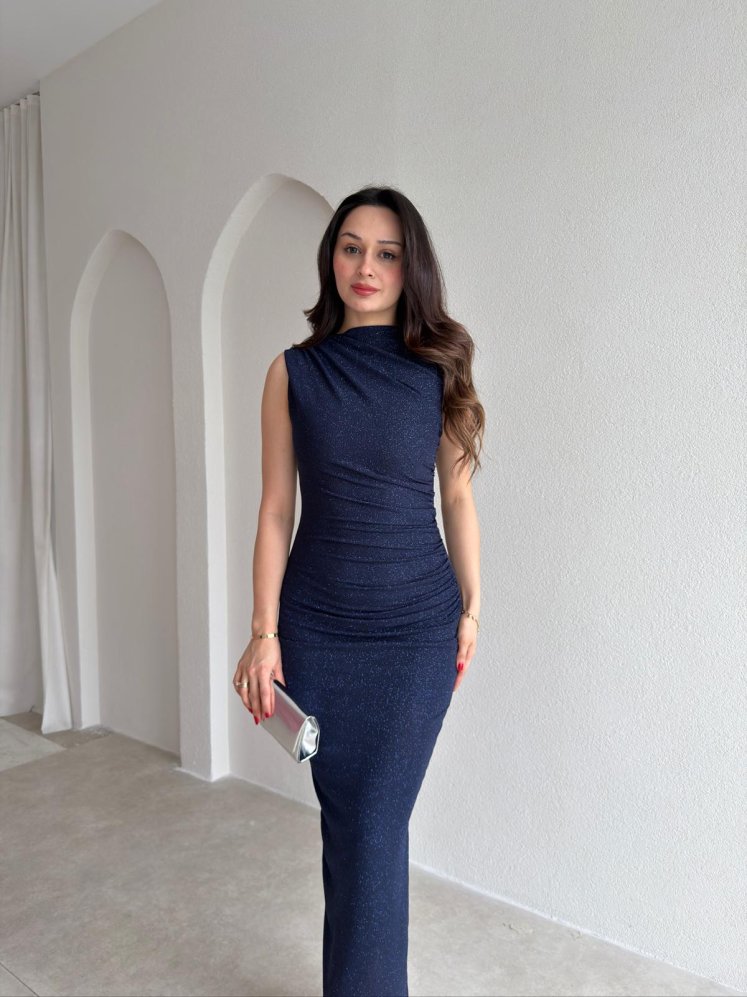 HUXLEY Simli Midi Elbise 5933 - Lacivert - Mooi Butik