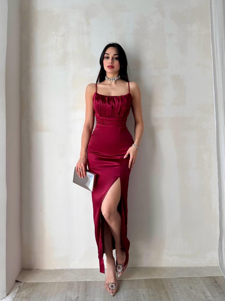 Vencover Saten Elbise 5682 - Bordo - Mooi Butik
