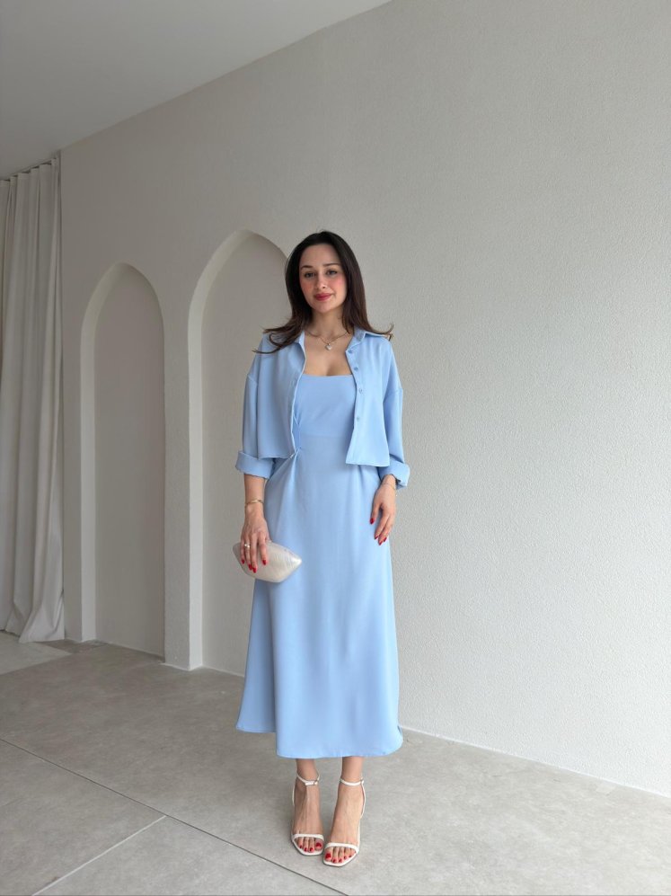 İNOX Midi Elbise & Gömlek Takım 5492 - Bebe Mavi - Mooi Butik