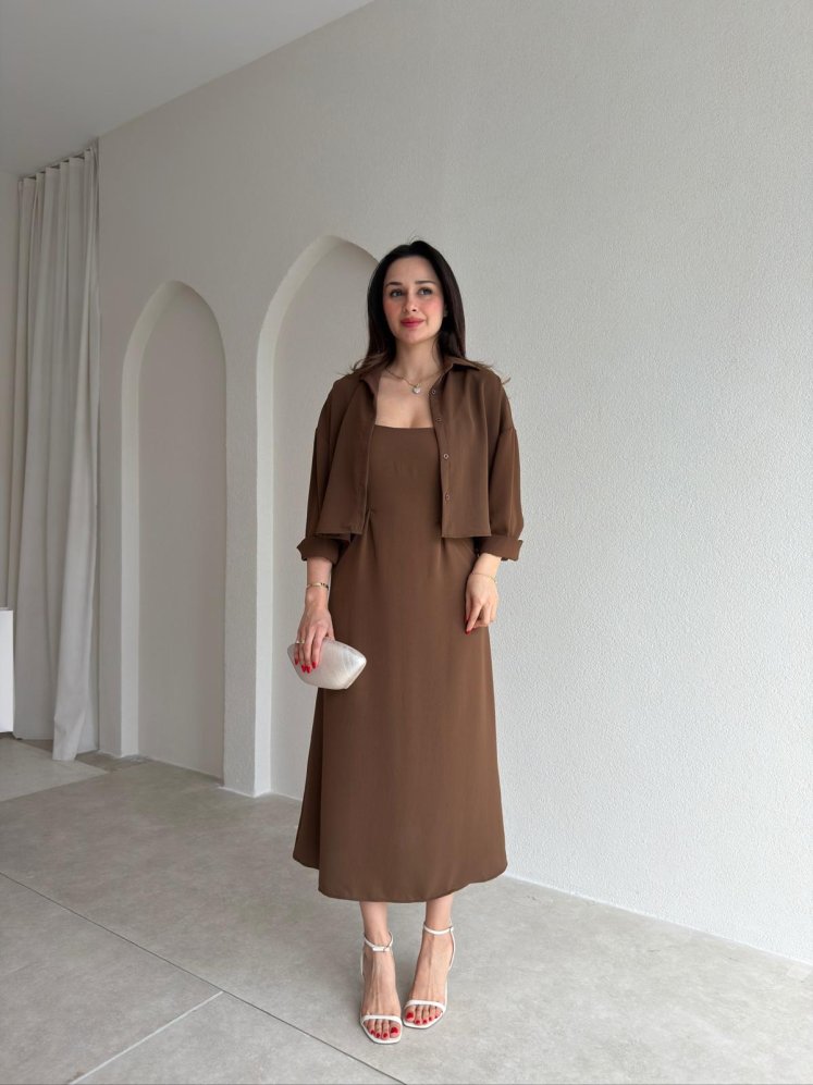 İNOX Midi Elbise & Gömlek Takım 5492 - Kahverengi - Mooi Butik