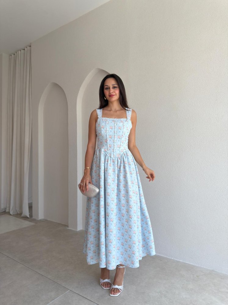 İRON Çiçek Desenli Midi Elbise 3751 - Bebe Mavi - Mooi Butik