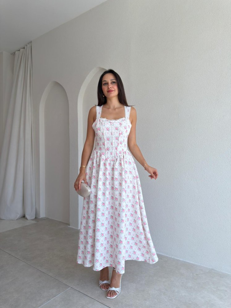 İRON Çiçek Desenli Midi Elbise 3751 - Beyaz - Mooi Butik