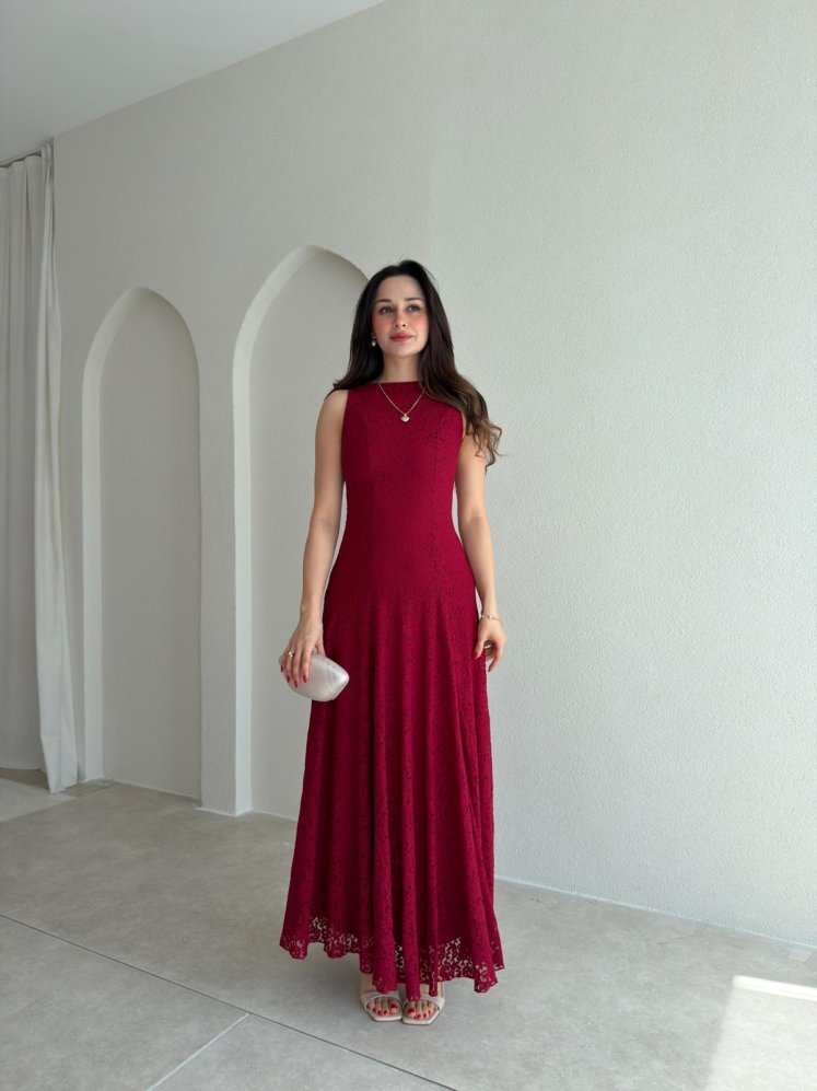 İVORY Dantelli Midi Elbise 7456 - Bordo - Mooi Butik