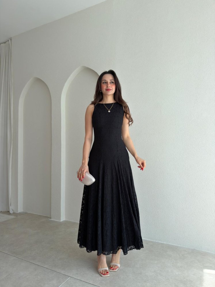 İVORY Dantelli Midi Elbise 7456 - Siyah - Mooi Butik