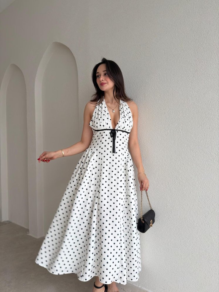 JASPER Puantiyeli Elbise 3876 - Beyaz - Mooi Butik