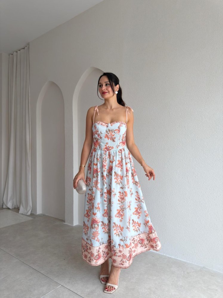 JENNY Çicek Desenli Keten Elbise 3030 - Bebe Mavisi - Mooi Butik