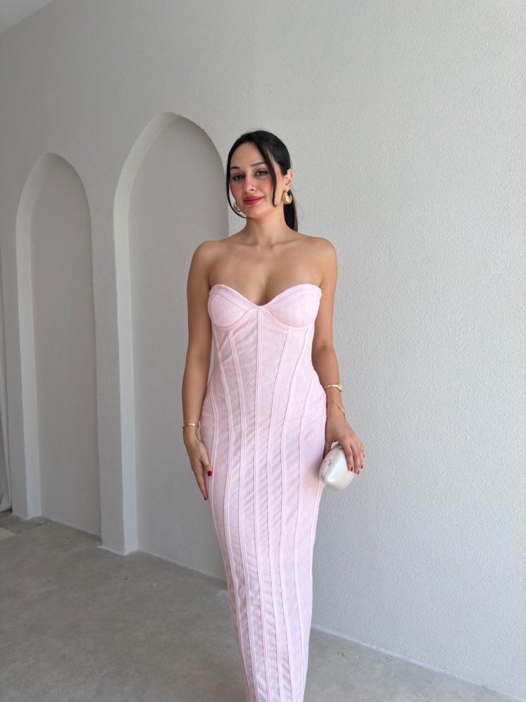 JİMMY Straplez Midi Elbise 4020 - Pembe - Mooi Butik
