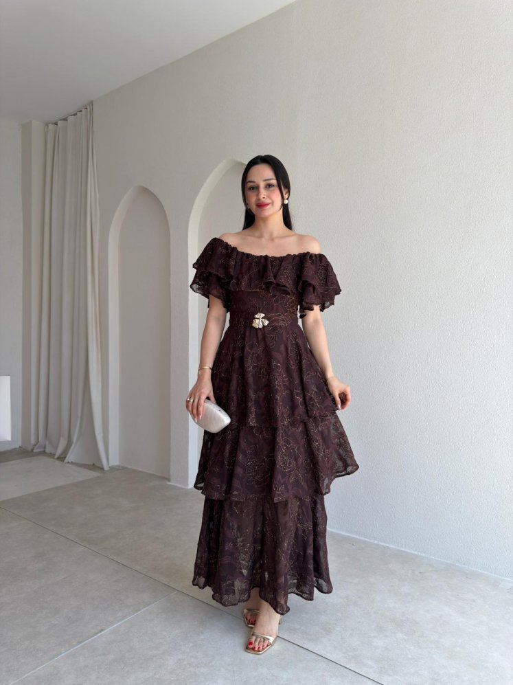 JODIE Düşük Omuzlu Elbise 8970 - Acı Kahve - Mooi Butik