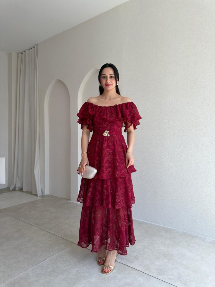 JODIE Düşük Omuzlu Elbise 8970 - Bordo - Mooi Butik