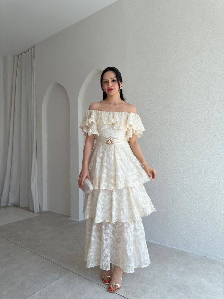 JODIE Düşük Omuzlu Elbise 8970 - Krem - Mooi Butik