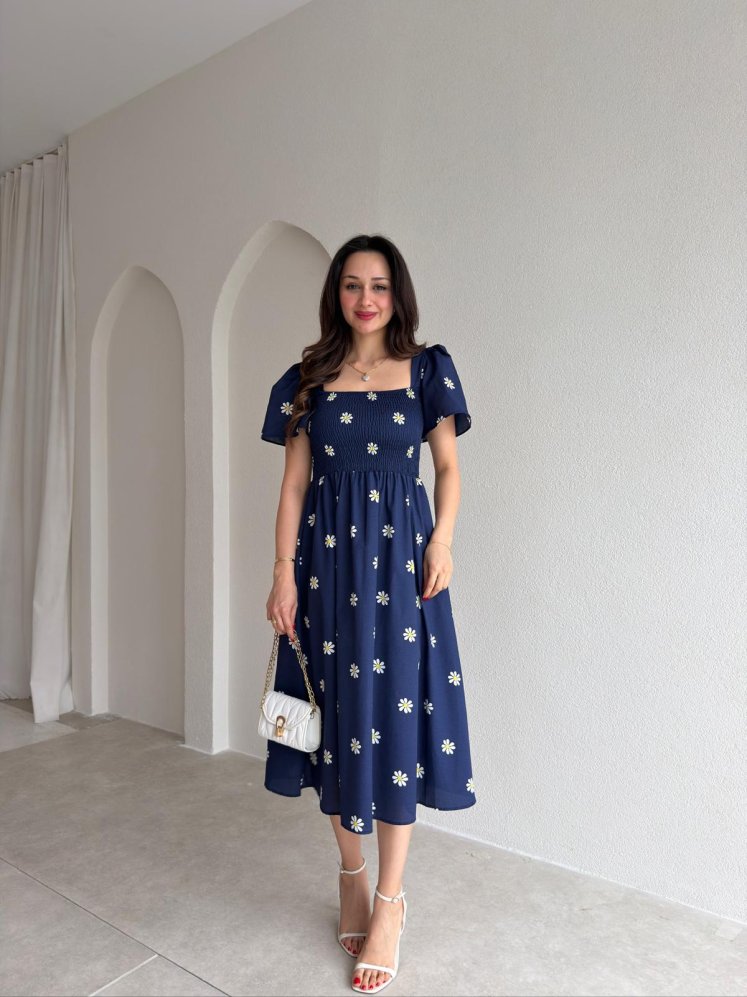 JOWE Papatya Desenli Midi Elbise 9008 - Lacivert - Mooi Butik