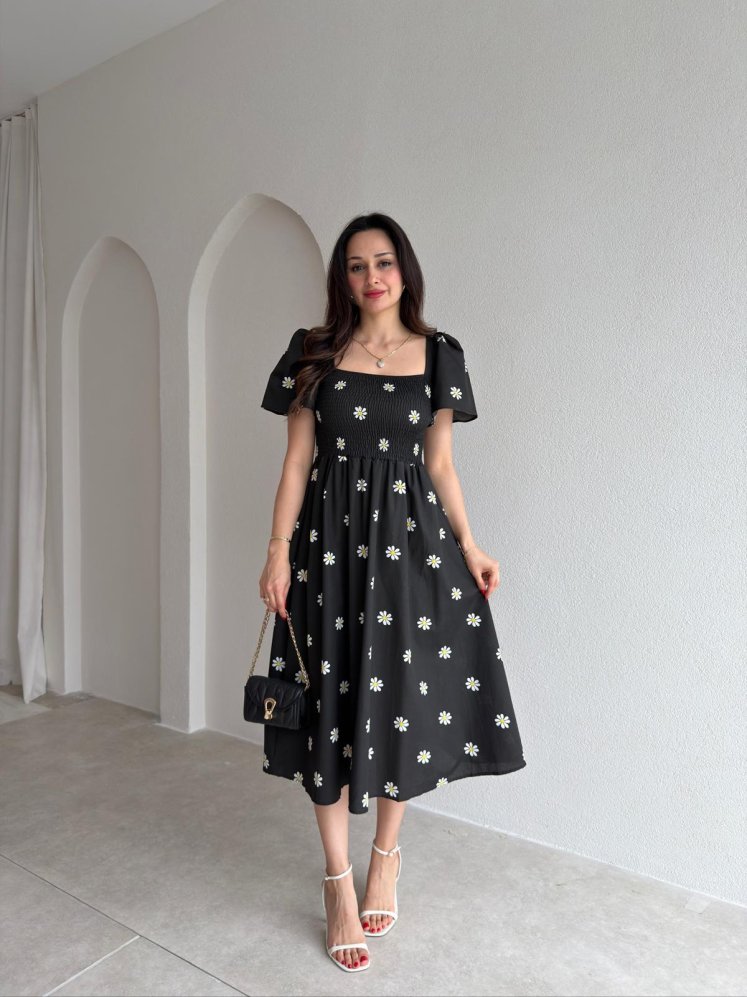 JOWE Papatya Desenli Midi Elbise 9008 - Siyah - Mooi Butik