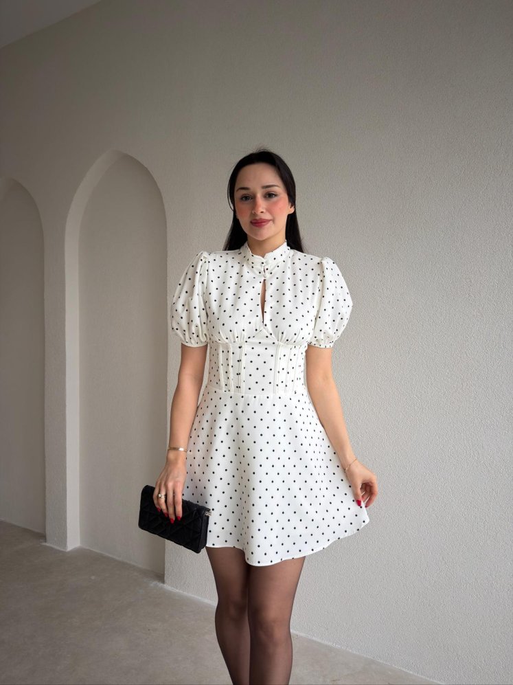 JULES Korse Detaylı Puantiyeli Mini Elbise 9012 - Beyaz - Mooi Butik