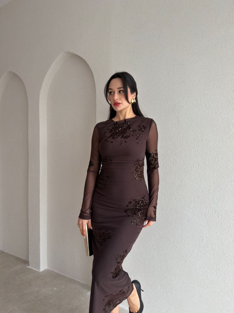 JULİA Taş Desenli Midi Elbise 9068 - Acı Kahve - Mooi Butik