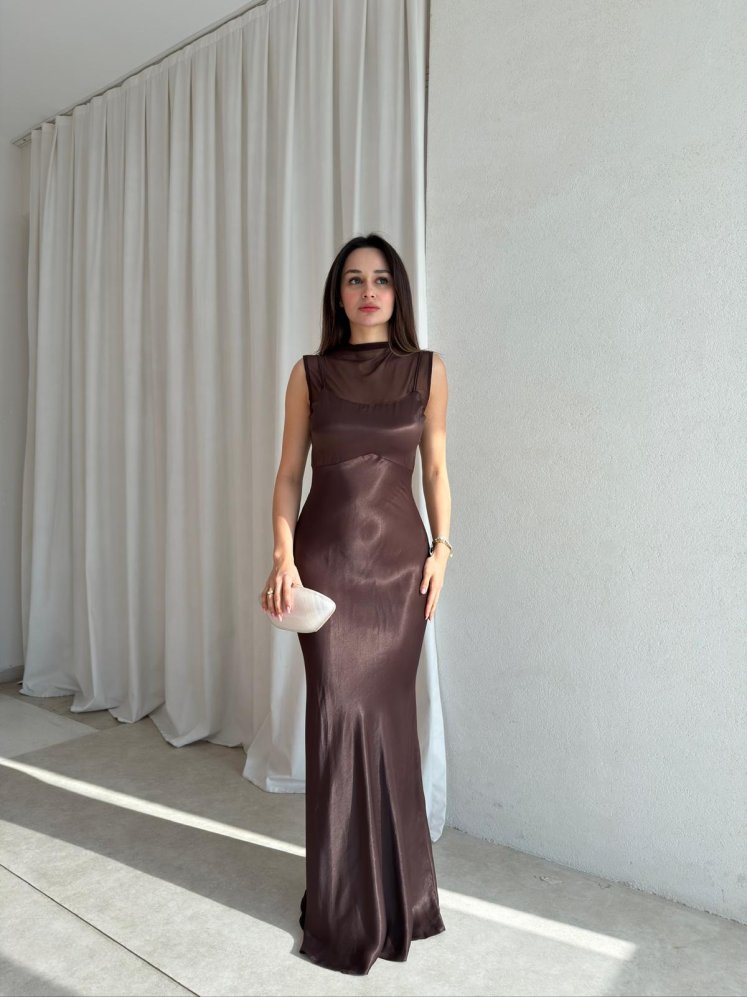 JUSTİN Saten Maxi Elbise 8825 - Acı Kahve - Mooi Butik