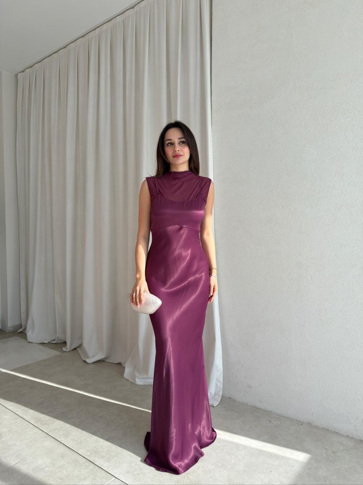 JUSTİN Saten Maxi Elbise 8825 - Mürdüm - Mooi Butik