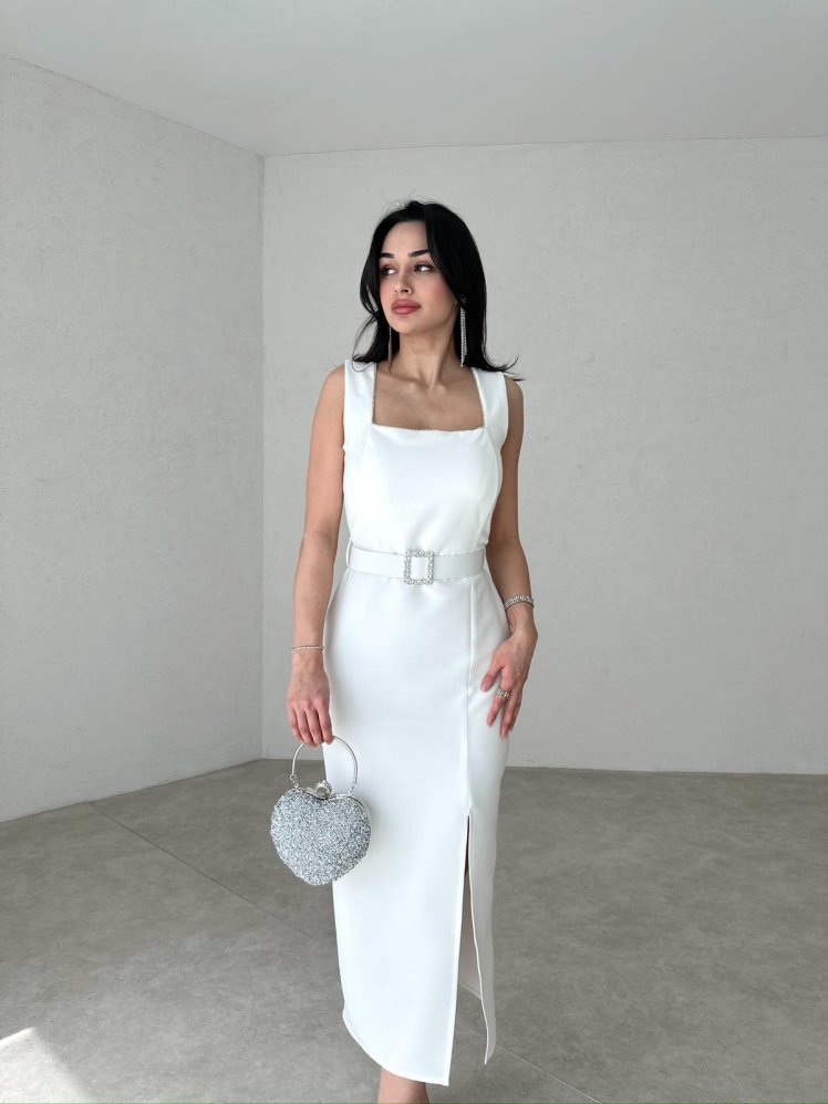 Kare Kemerli Midi LOUİS Elbise 2098 - Beyaz - Mooi Butik