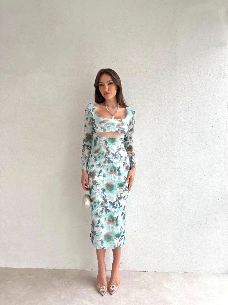 Kare Yaka Çiçek Desenli Midi Loren Elbise 5631 - Yeşil - Mooi Butik