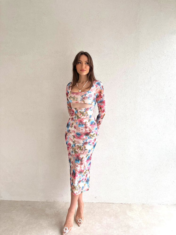 Kare Yaka Çiçek Desenli Midi Loren Elbise 5631 - Pembe - Mooi Butik