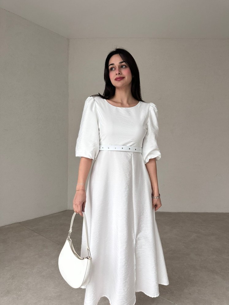 Karpuz Kollu Kemerli Solene Elbise - Beyaz - Mooi