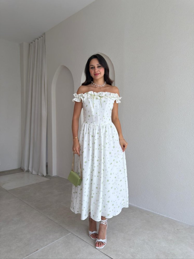 KEANN Çiçek Desenli Midi Elbise 3023 - Yeşil - Mooi Butik