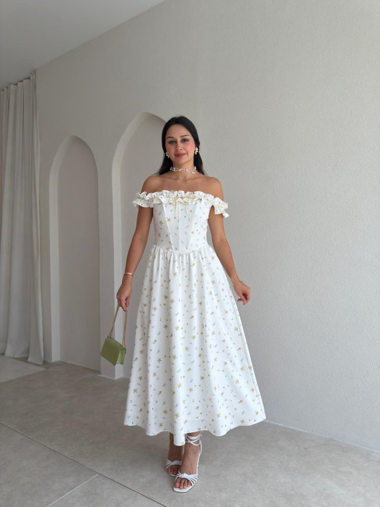 KEANN Çiçek Desenli Midi Elbise 3023 - Sarı - Mooi Butik