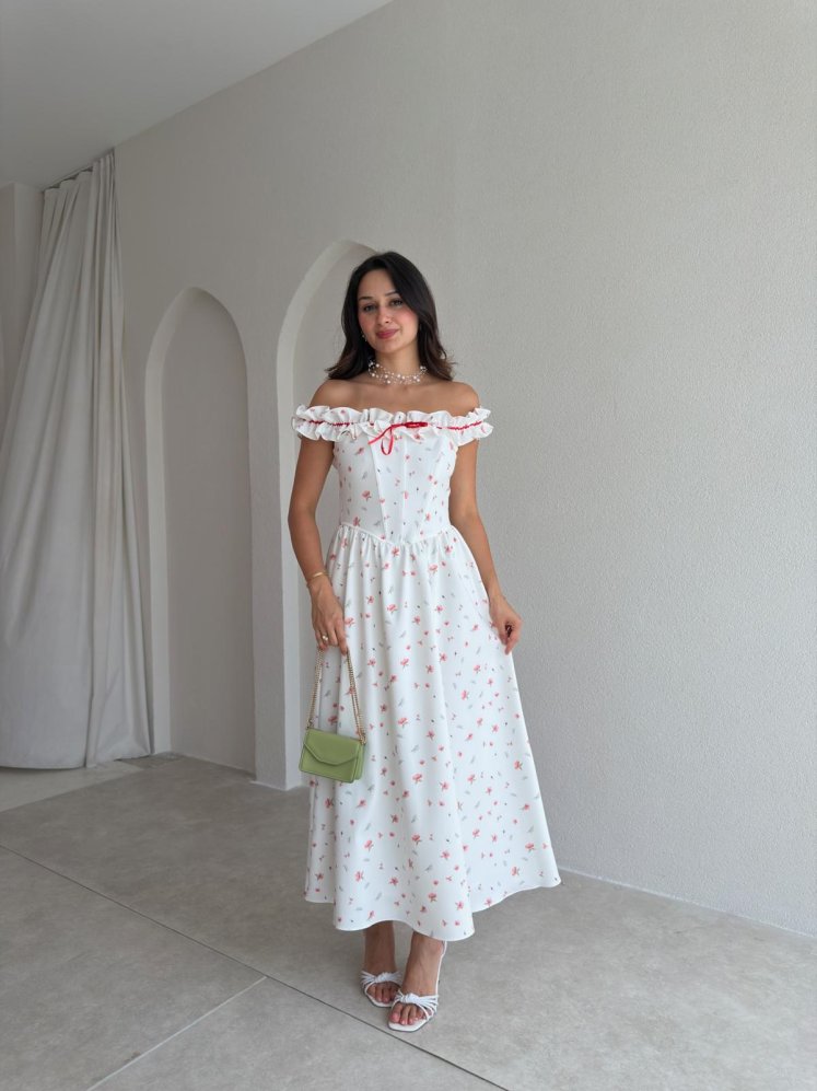 KEANN Çiçek Desenli Midi Elbise 3023 - Kırmızı - Mooi Butik