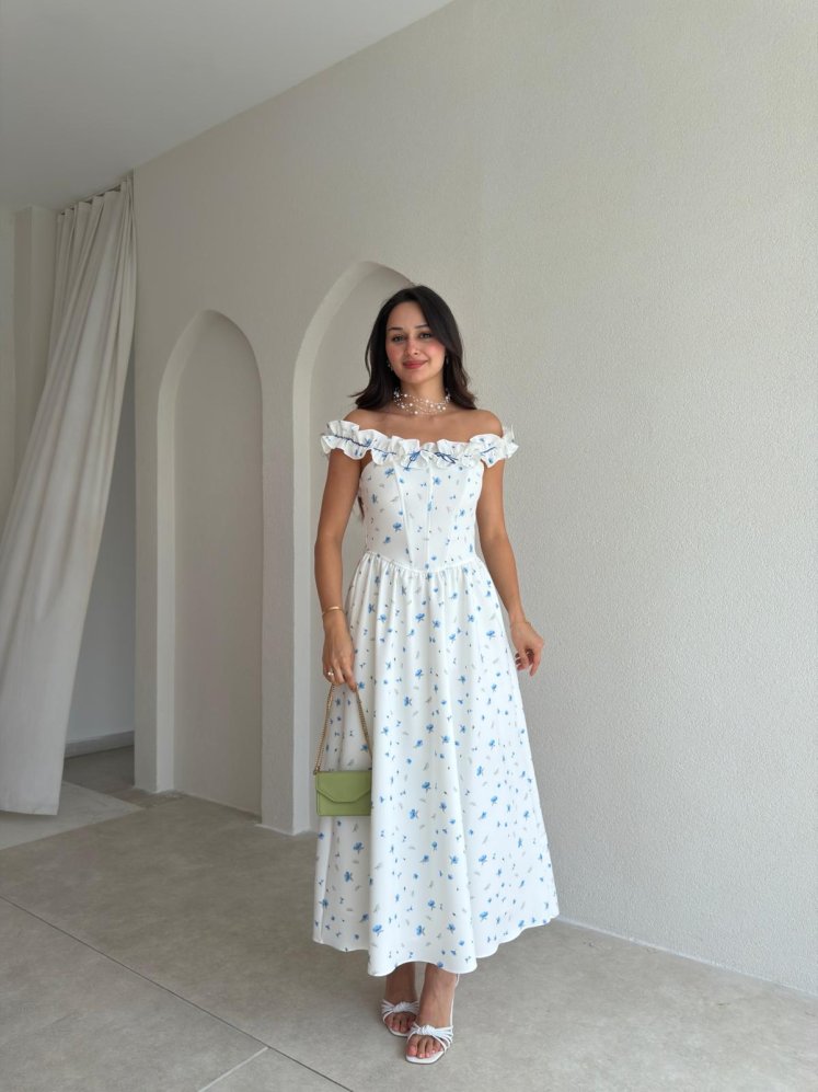 KEANN Çiçek Desenli Midi Elbise 3023 - Mavi - Mooi Butik