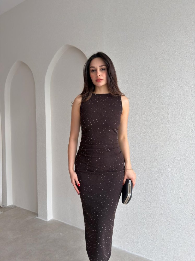 KELSEY Taşlı Midi Elbise 9028 - Acı Kahve - Mooi Butik