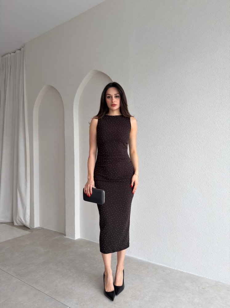 KELSEY Taşlı Midi Elbise 9028 - Acı Kahve - Mooi Butik