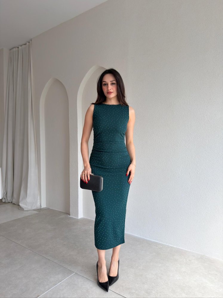 KELSEY Taşlı Midi Elbise 9028 - Zümrüt Yeşili - Mooi Butik
