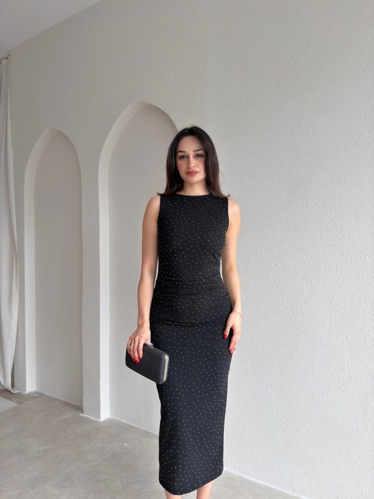 KELSEY Taşlı Midi Elbise 9028 - Siyah - Mooi Butik